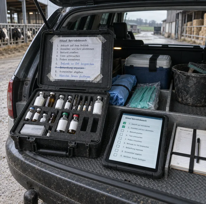 Geöffneter Kofferraum im Fahrzeug einer Nutztierpraxis auf dem Hof eines Milchviehbetriebs: im Deckel des Arzneimittelkoffers eine laminierte Liste zum Ablauf des Betriebsbesuchs mit handschriftlichen Ergänzungen, daneben ein Tablet mit denselben neun Schritten, zwei davon abgehakt, dahinter Kühlbox, Handschuhe und Eimer mit Bürste