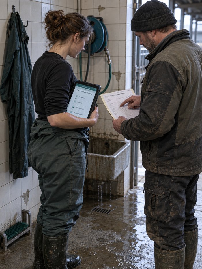 Gekachelter Vorraum mit Ausgussbecken und Schlauchhaspel am Stallausgang: der Betriebsleiter in Arbeitsjacke und Mütze zeigt auf eine Zeile der tierärztlichen Verschreibung, die Tierärztin mit heruntergestreiftem Overall und Tablet in der Hand liest mit