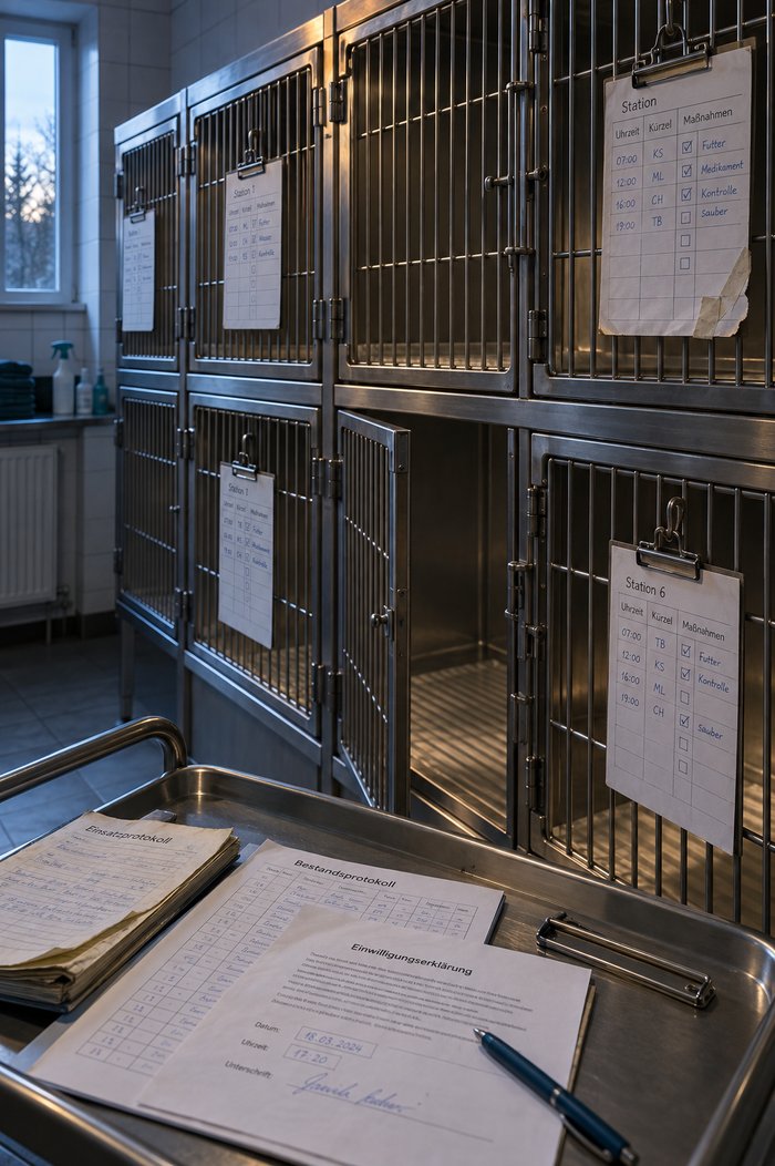 Stationsbereich einer Tierarztpraxis am frühen Abend: leere Edelstahlboxen mit Gittertüren, an mehreren hängen Stationsbögen mit Uhrzeit, Kürzel und abgehakten Maßnahmen, davor auf einem Rollwagen ein abgegriffenes Einsatzprotokoll, ein Bestandsprotokoll und eine unterschriebene Einwilligungserklärung