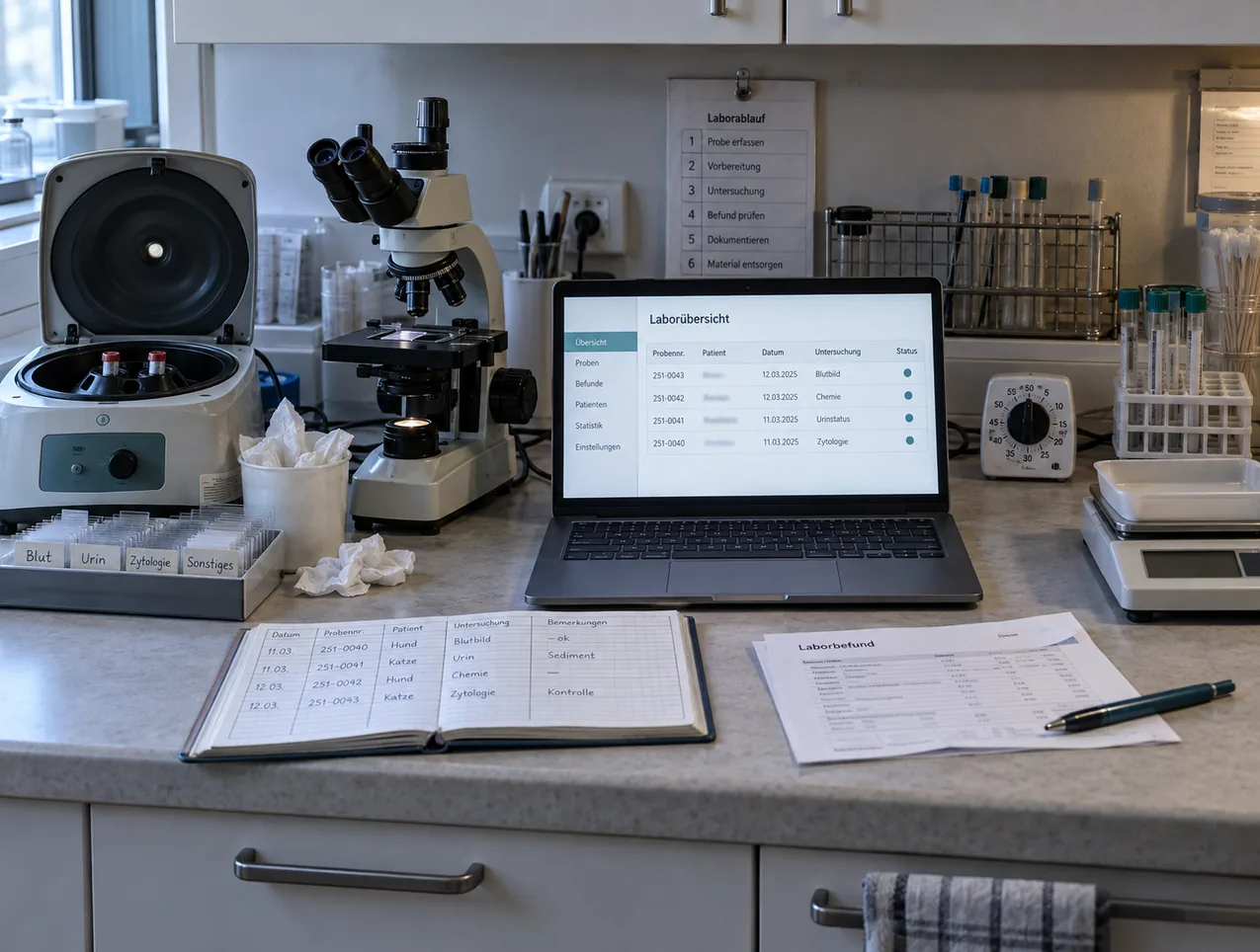 Laborecke einer Tierarztpraxis: zwischen geöffneter Tischzentrifuge, Mikroskop, Röhrchenständern, Kurzzeitwecker und Waage steht ein Notebook mit der Laborübersicht aus Probennummern, Untersuchungen und Statuspunkten, davor ein handgeführtes Laborbuch und ein ausgedruckter Laborbefund