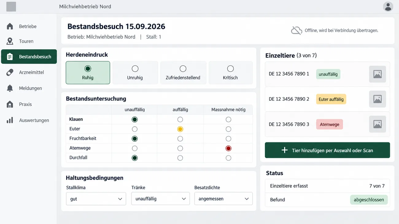 Maske: offline geführter Bestandsbesuch mit großen Auswahlflächen für den Herdeneindruck, dem Befundraster zu Klauen, Euter, Fruchtbarkeit, Atemwegen und Durchfall, Auswahlfeldern zu Stallklima, Tränke und Besatzdichte, den Einzeltieren mit Ohrmarke, Befund und Fotofeld und der Schaltfläche für Auswahl oder Scan