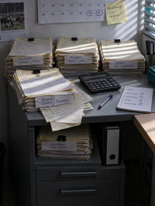 Rollcontainer im Büro einer Nutztierpraxis im Streifenlicht einer Jalousie: nach Tiergruppe und Quartal beschriftete Stapel gelblicher Durchschläge mit Foldback-Klammern, einer aufgefächert, daneben Taschenrechner und Strichliste offener Posten, darüber ein Wandkalender mit zwei umkreisten Tagen und einem Haftzettel, der an die Abrechnung erinnert