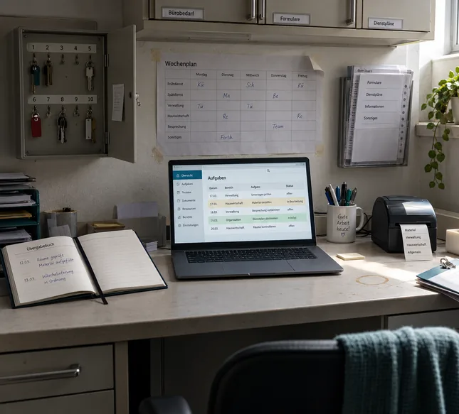 Dienstzimmer einer Gesundheitseinrichtung mit aufgeklapptem Notebook und Aufgabenliste auf der Arbeitsablage, links ein offener Schlüsselkasten und ein aufgeschlagenes Übergabebuch, rechts ein Etikettendrucker, an der Wand ein Wochenplan mit handschriftlichen Kürzeln