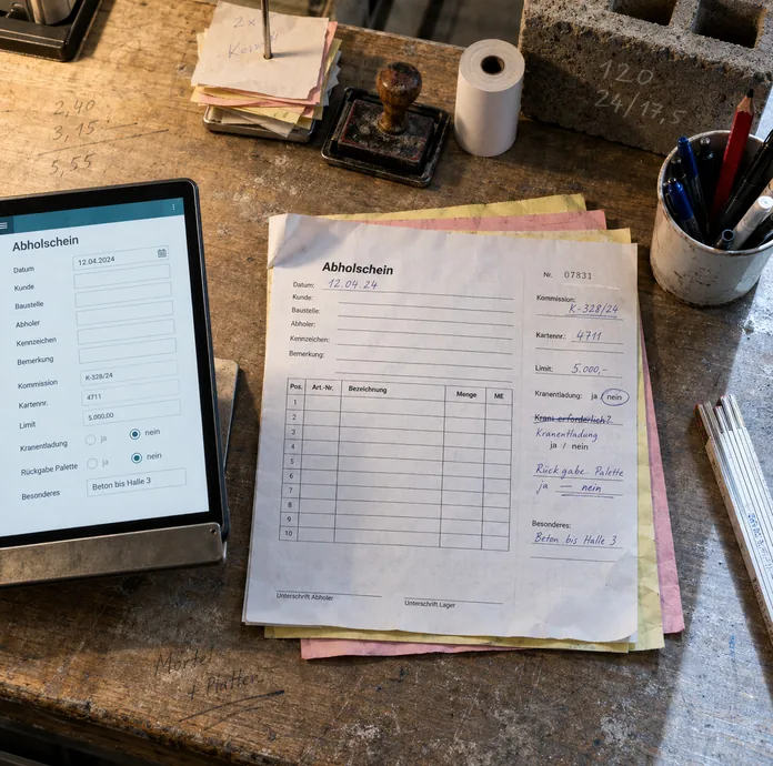 Thekenplatte am Abholtresen eines Baustoffhandels: ein Abholschein-Durchschreibesatz mit handschriftlich ergänzten Feldern wie Kommission, Kartennummer und Kranentladung, daneben ein Tablet mit einer Maske in genau dieser Feldreihenfolge