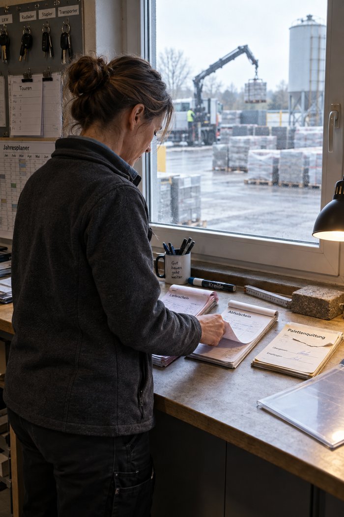 Hofbüro eines Baustoffhandels: Eine Frau blättert an der Fensterbank in Lieferscheinblock, Abholschein-Durchschreibesatz und Palettenquittung, vor dem Fenster Ladekran, abgedeckte Palettenstapel und ein Silo