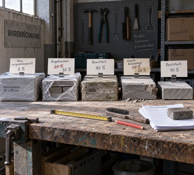 Werkbank im Rücknahmebereich eines Baustoffhandels mit fünf Betonplatten in fünf Zuständen von originalverpackt bis Reststück, vor jeder ein handbeschriebenes Kärtchen mit Prozentabschlag, zwei davon durchgestrichen und neu beschrieben