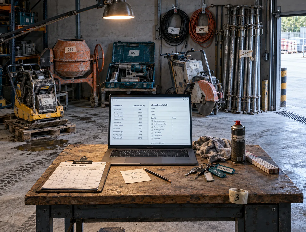 Geräteausgabe in der Halle eines Baustoffhandels: auf dem Ausgabepult ein Notebook mit Geräteliste samt Zählerständen und Übergabeprotokoll, dahinter Rüttelplatte, Mischer, Kernbohrgerät und Schalungsstützen mit Inventarnummern