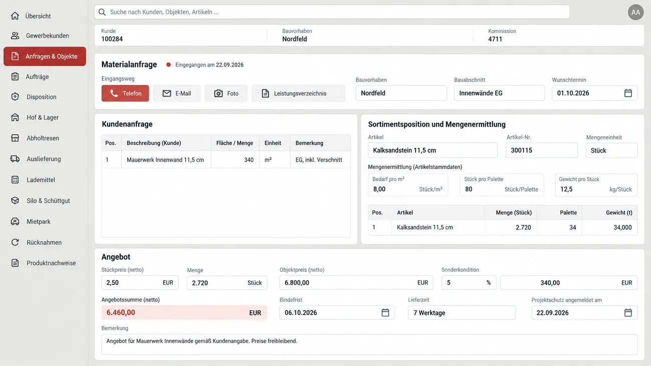 Maske: Materialanfrage mit Eingangsweg, der Beschreibung des Kunden neben der gebildeten Sortimentsposition in Stück, Palette und Tonne und dem Angebotsblock mit Objektpreis, Bindefrist und Projektschutz