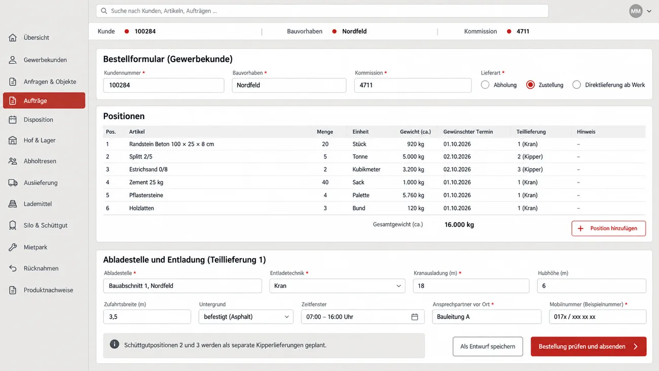 Maske: Bestellformular mit Kommission, Lieferart, Positionen samt Mengeneinheit und dem Pflichtblock Abladestelle und Entladung mit Entladetechnik, Kranausladung, Hubhöhe, Zeitfenster und Ansprechpartner vor Ort
