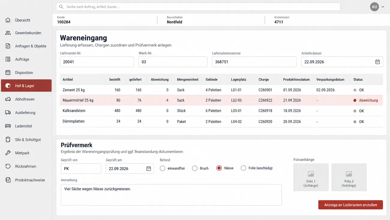 Maske: Wareneingang mit Lieferant und Lieferwerk, Soll-Ist-Tabelle mit Lagerplatz, Charge und Produktionsdatum, bei Zement mit Verpackungsdatum, und dem Prüfvermerk mit Befund und Fotobeleg