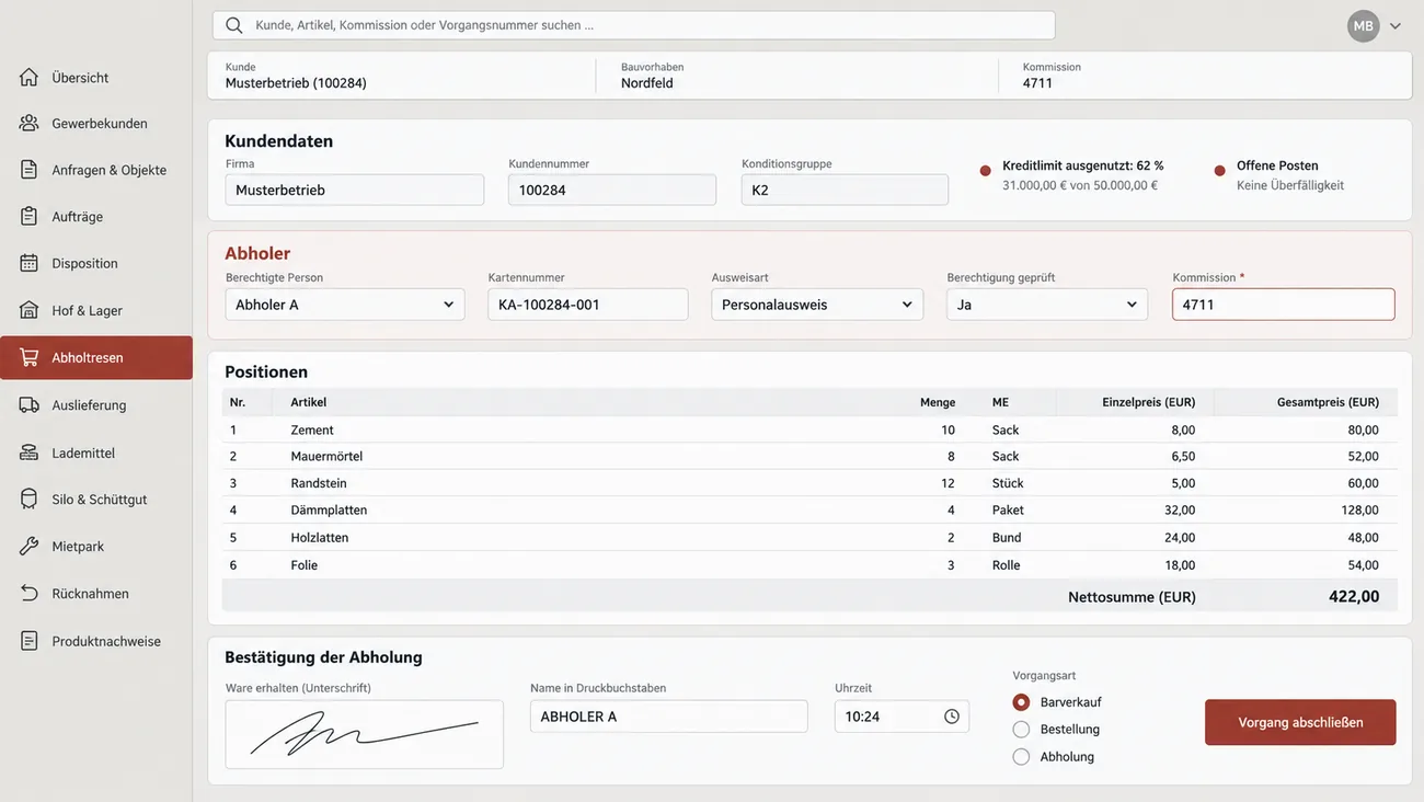 Maske: Theke für den Abholverkauf mit Kundenkarte, Kreditlimit und offenen Posten, Auswahl des berechtigten Abholers, Pflichtfeld Kommission, Positionen und Unterschrift auf dem Gerät