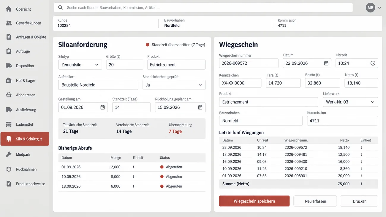 Maske: Siloanforderung mit Aufstellort, Standsicherheit, Standzeit und Rückholung neben dem Wiegeschein mit Tara, Brutto und Netto, zugeordnet zu Bauvorhaben und Kommission