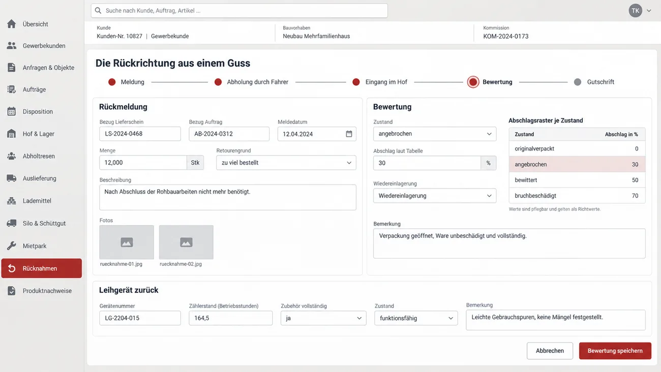 Maske: Rückrichtung als ein Vorgang mit Statuskette von der Meldung bis zur Gutschrift, Retourengrund, Zustandsbewertung mit pflegbarem Abschlagsraster und der Rücknahme eines Leihgeräts mit Zählerstand