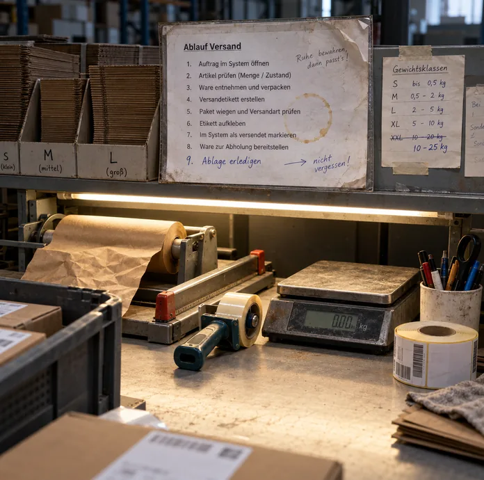 Aufsatzbord eines Packtischs mit dem Blatt „Ablauf Versand“ in einer Acrylhülle: acht getippte Schritte, ein neunter von Hand nachgetragen, ein Kaffeering, daneben die handkorrigierten Gewichtsklassen, darunter Tischwaage, Klebebandroller und Papierpolster