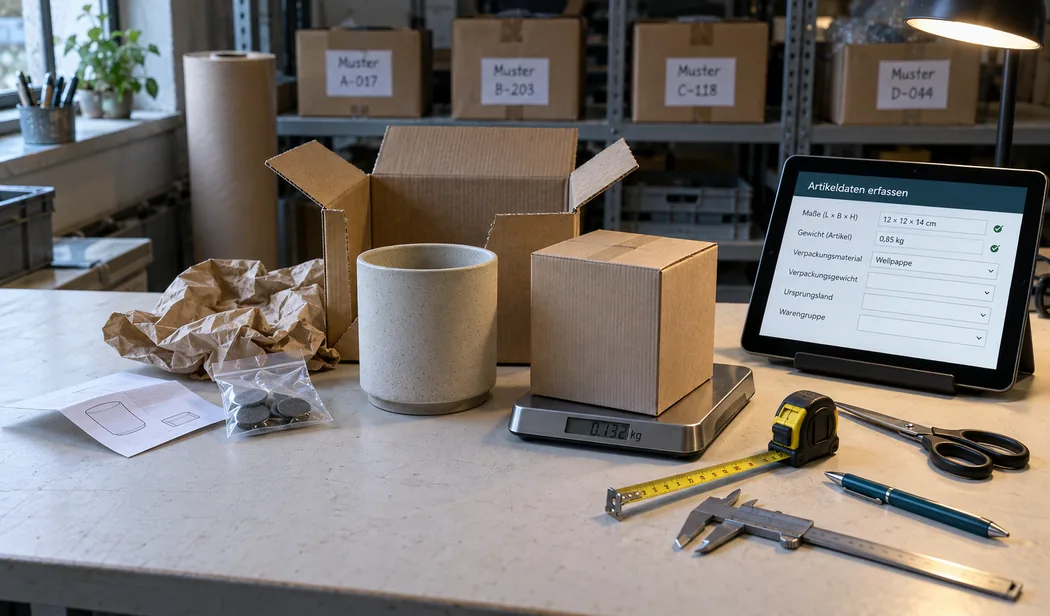 Mustertisch im Einkauf: aufgeklappter Versandkarton, daneben ein neuer Artikel und seine Umverpackung auf der Tischwaage, Bandmaß und Messschieber, rechts ein Tablet mit der Maske „Artikeldaten erfassen“ für Maße, Gewicht, Verpackung und Ursprungsland