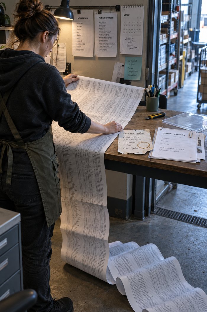 Frau in Kapuzenpullover und Arbeitsschürze rollt am Stehpult die endlos ausgedruckte Artikeltabelle eines Lieferanten aus, die bis auf den Boden reicht, auf dem Pult ein handschriftlicher Retouren-Prüfzettel und ein ausgefülltes Lieferanten-Onboarding-Formular