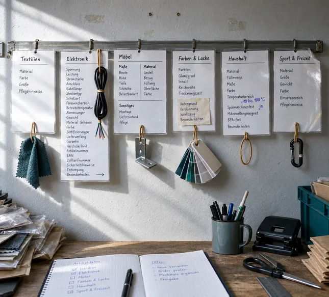 Wandleiste in der Artikeldatenpflege mit sechs laminierten Merkmalskarten von Textilien bis Sport und Freizeit, jede unterschiedlich lang, daran Stoffmuster, Kabel, Beschlagteil und Farbfächer, auf der Arbeitsplatte darunter eine aufgeschlagene Kladde