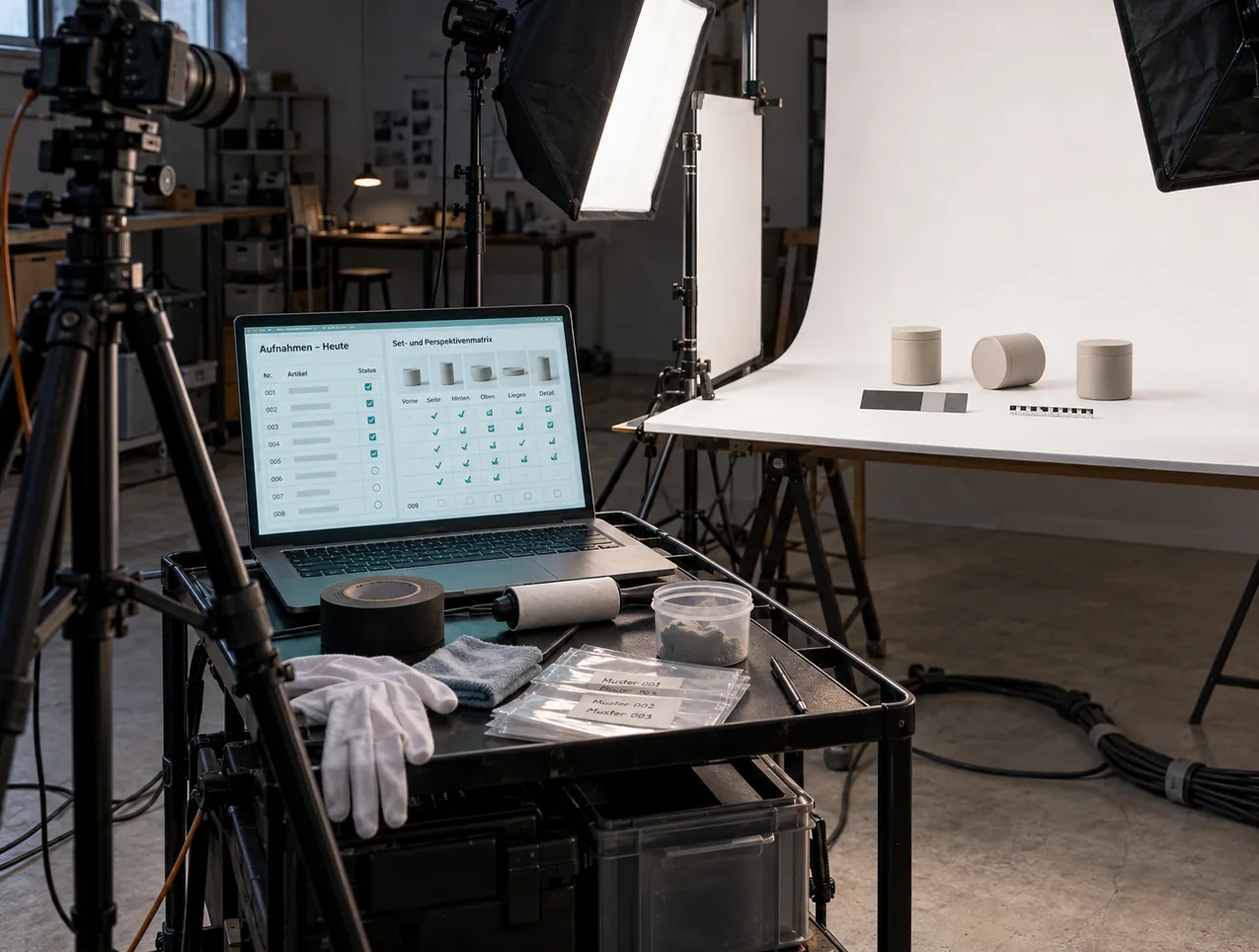 Produktfotoset: drei Varianten eines Artikels auf der weißen Hohlkehle zwischen zwei Softboxen, davor auf einem Rollwagen ein Notebook mit der Tagesliste der Aufnahmen und der Set- und Perspektivenmatrix, daneben Handschuhe, Fusselroller und Musterbeutel