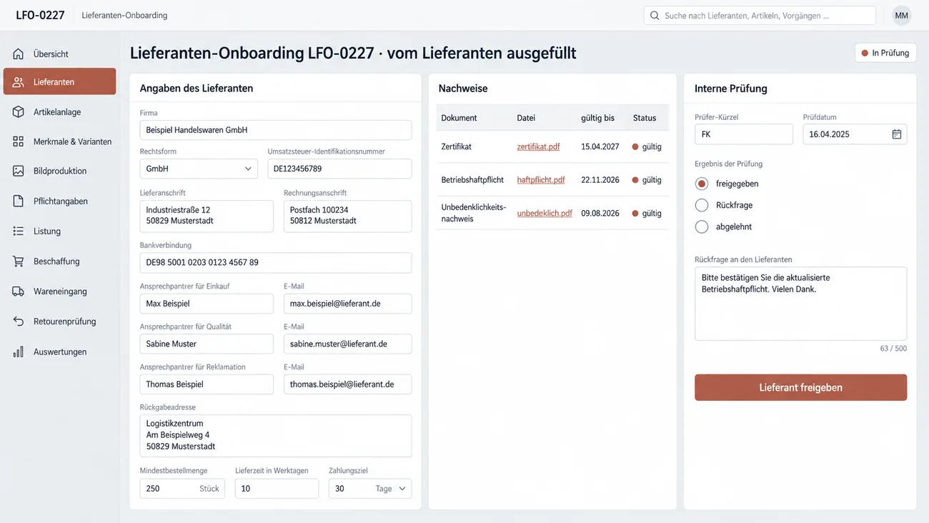 Maske: Lieferanten-Onboarding, vom Lieferanten per Link ausgefüllt, mit Stammdaten, Ansprechpartnern, Nachweisen samt Ablaufdatum und dem internen Prüfteil zur Freigabe