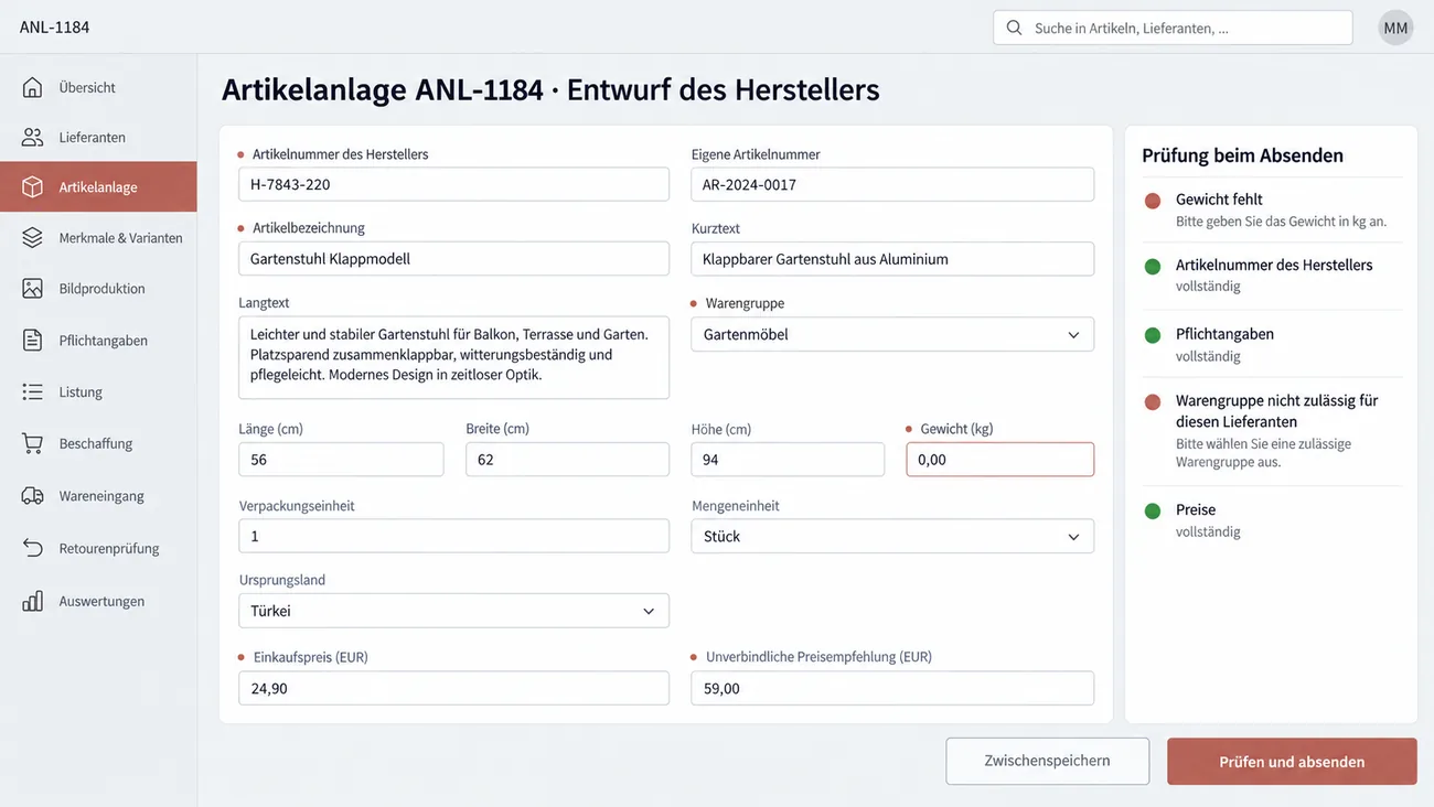 Maske: Artikelanlagebogen in der Ansicht des Herstellers mit Texten, Warengruppe, Maßen, Gewicht und Preisen und der Prüfung beim Absenden, die fehlende Angaben benennt