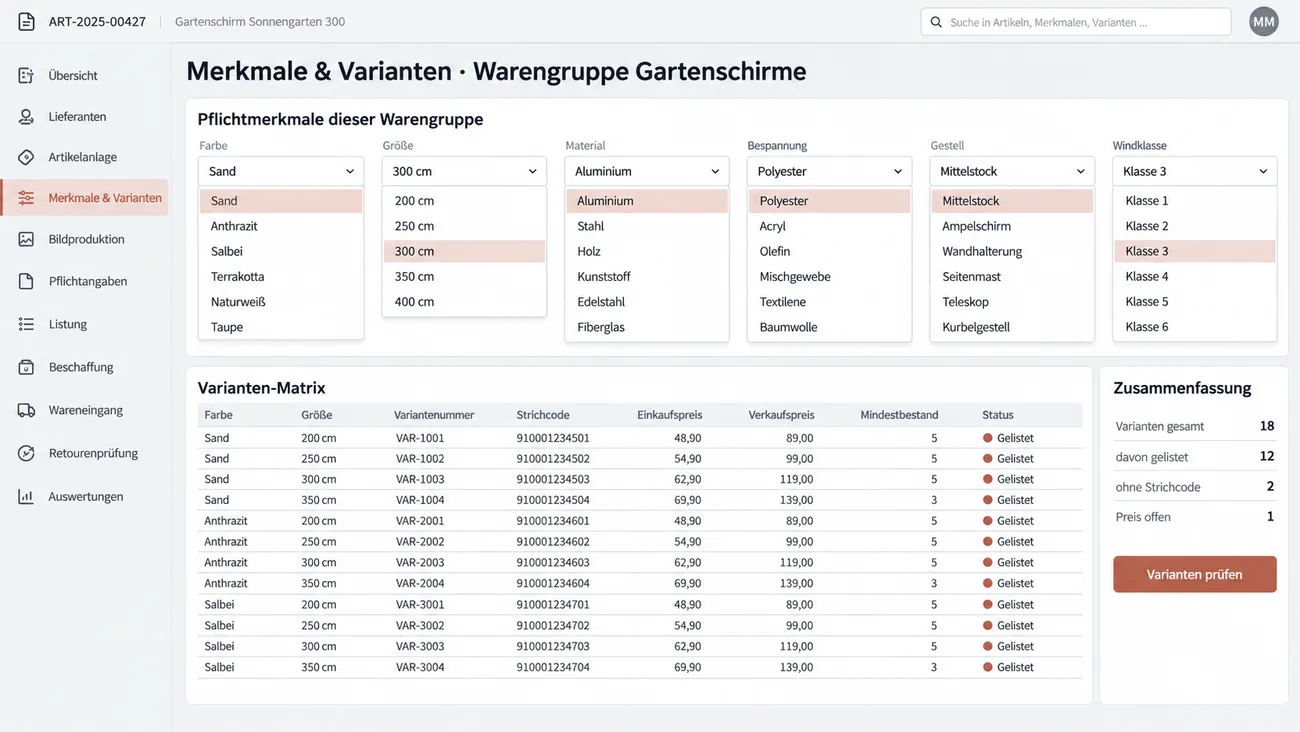 Maske: Pflichtmerkmale je Warengruppe als Wertelisten und darunter die Varianten-Matrix aus Farbe und Größe mit Variantennummer, Strichcode, Preisen und Mindestbestand