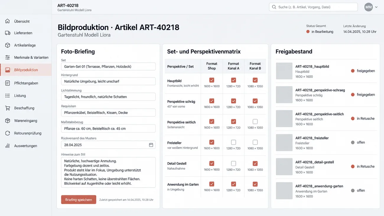 Maske: Bildproduktion mit Foto-Briefing, Set- und Perspektivenmatrix je Kanalformat und dem Freigabestand jedes einzelnen Bildes
