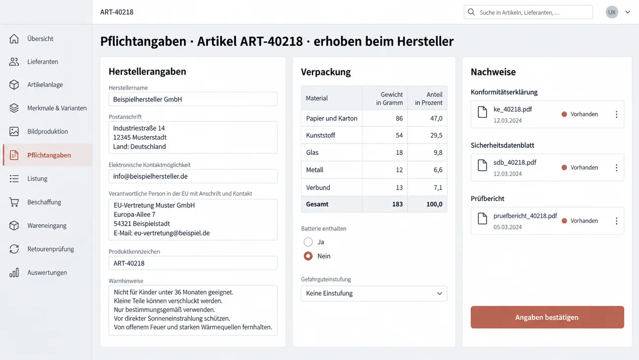 Maske: Pflichtangaben, beim Hersteller erhoben — Herstellerangaben, verantwortliche Person in der EU, Warnhinweise, Verpackung je Material, Batterie und Gefahrgut sowie die Nachweise