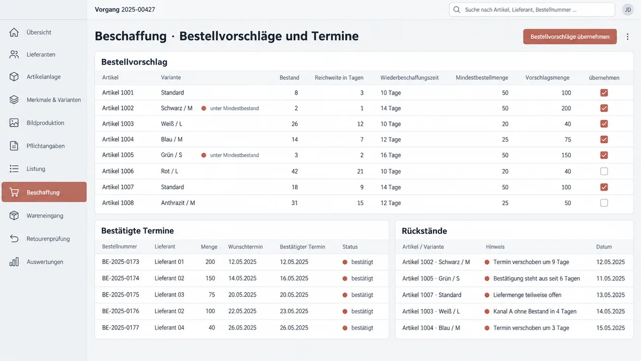 Maske: Beschaffung mit Bestellvorschlag aus Reichweite und Wiederbeschaffungszeit, bestätigten Lieferterminen und den Rückständen, die von selbst nach oben rücken