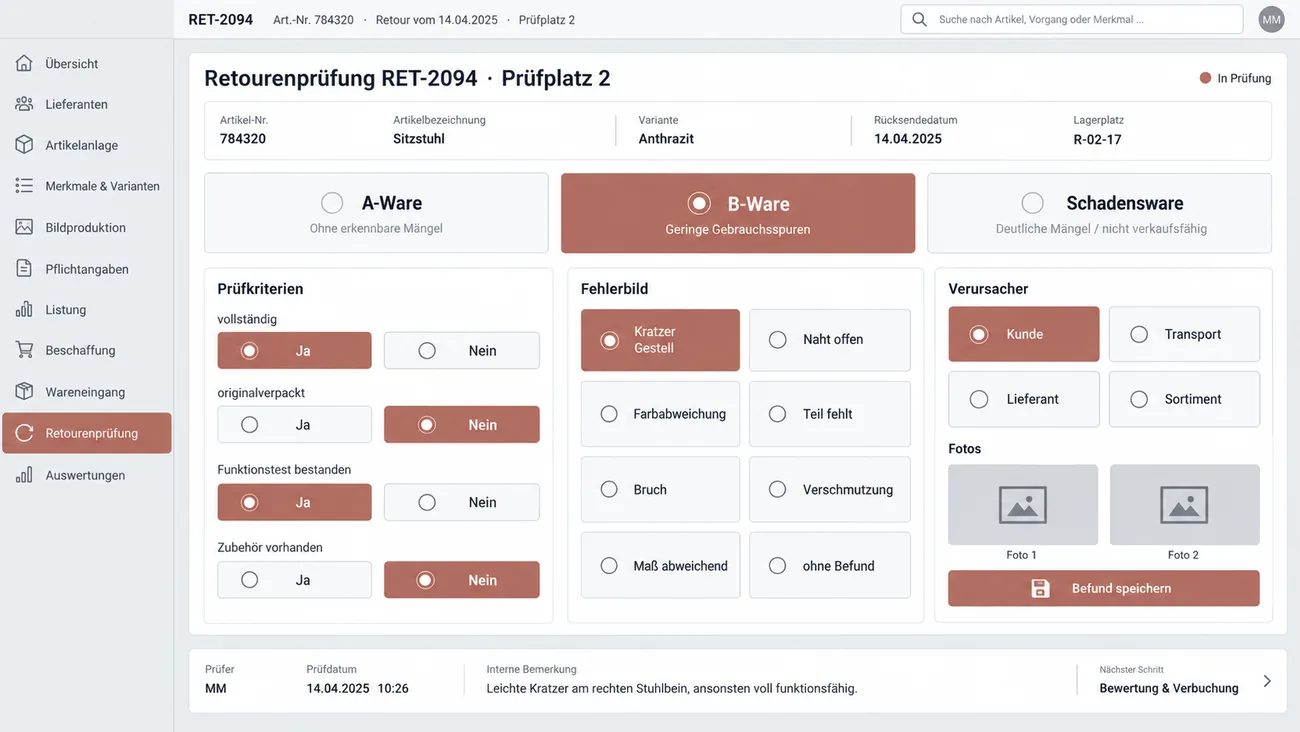 Maske: tastaturfreie Retourenprüfung am Prüfplatz mit großen Auswahlflächen für A-Ware, B-Ware oder Schadensware, Fehlerbild aus dem eigenen Katalog, Verursacher und Foto