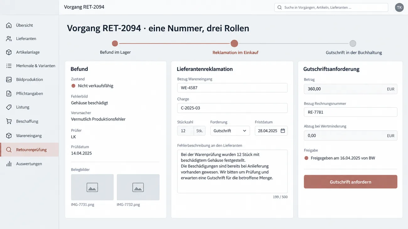 Maske: ein Vorgang, drei Rollen — Befund aus dem Lager, Lieferantenreklamation mit Charge, Stückzahl und Frist und die Gutschriftsanforderung unter derselben Nummer