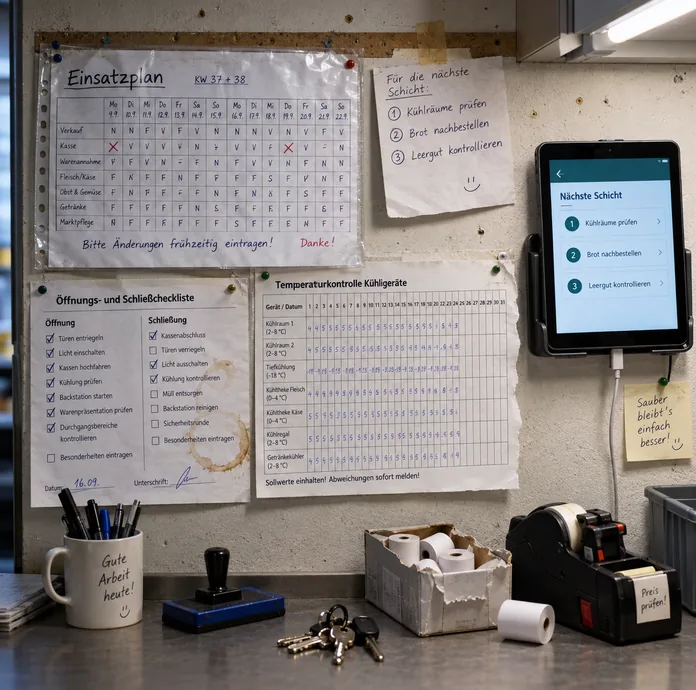 Wand im Sozialraum einer Filiale mit Einsatzplan in der Klarsichthülle, Öffnungs- und Schließcheckliste mit Kaffeerand, Temperaturkontrollbogen und Zettel für die nächste Schicht, rechts ein Tablet in der Wandhalterung mit denselben Punkten als Maske