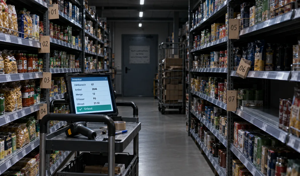 Regalgasse nach Ladenschluss während der Inventur: In den Regalböden stecken handbeschriftete Zählreiter mit Bereichsnummern, vorn steht ein Zählwagen mit Handscanner und einem Tablet, auf dem Zählbereich, Artikel, Menge, Erfasser und Uhrzeit erfasst sind