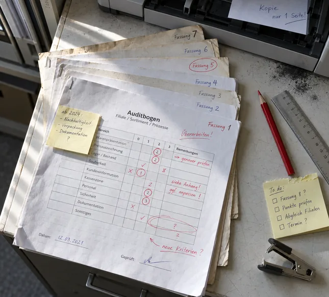 Sieben geheftete Fassungen desselben Auditbogens leicht gefächert auf einem Sideboard neben dem Kopierer, jede Ecke mit handschriftlicher Fassungsnummer, der oberste Bogen mit Rotstiftkorrekturen und Haftzettel, daneben Rotstift, Lineal und Heftklammerentferner