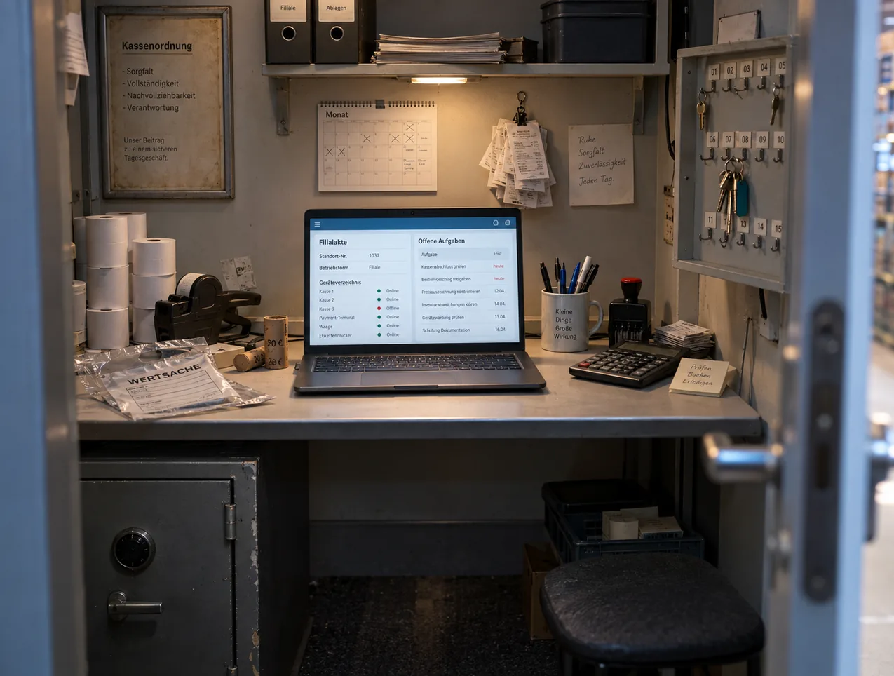 Enges Filialbüro hinter dem Verkaufsraum: Auf der Wandtischplatte ein aufgeklapptes Notebook mit Filialakte, Geräteverzeichnis und offenen Aufgaben, daneben Kassenrollen, Münzrollen, Safebag, Taschenrechner und Stempel, darunter ein Wertschutzschrank, rechts ein Schlüsselkasten