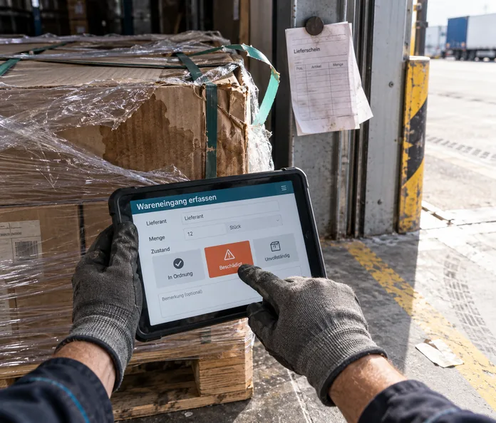 Hände in Arbeitshandschuhen tippen am Wareneingangstor auf einem Tablet die Zustandskachel Beschädigt an, dahinter eine Palette mit eingedrücktem Karton und ein fremder Lieferschein am Torpfosten