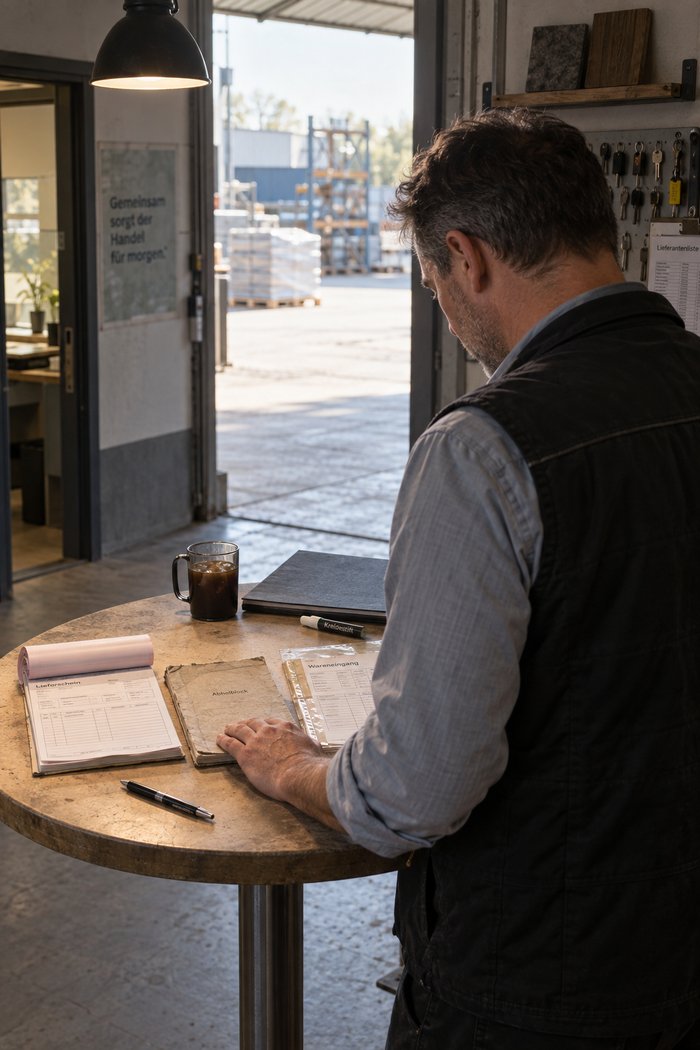 Mann in Arbeitsweste am Stehtisch vor dem offenen Hallentor, vor ihm nebeneinander ein Lieferscheinblock, ein abgegriffener Abholblock und ein Blatt für den Wareneingang in einer Klarsichthülle