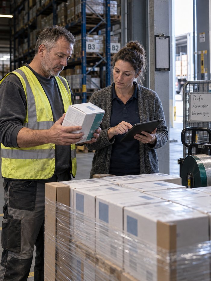 Kontrollstelle am Warenausgang: Ein Lagermitarbeiter in Warnweste dreht ein Gebinde mit abweichender Verpackung ins Licht, neben ihm prüft eine Kollegin die Positionen auf dem Tablet, vor beiden die foliierte Palette