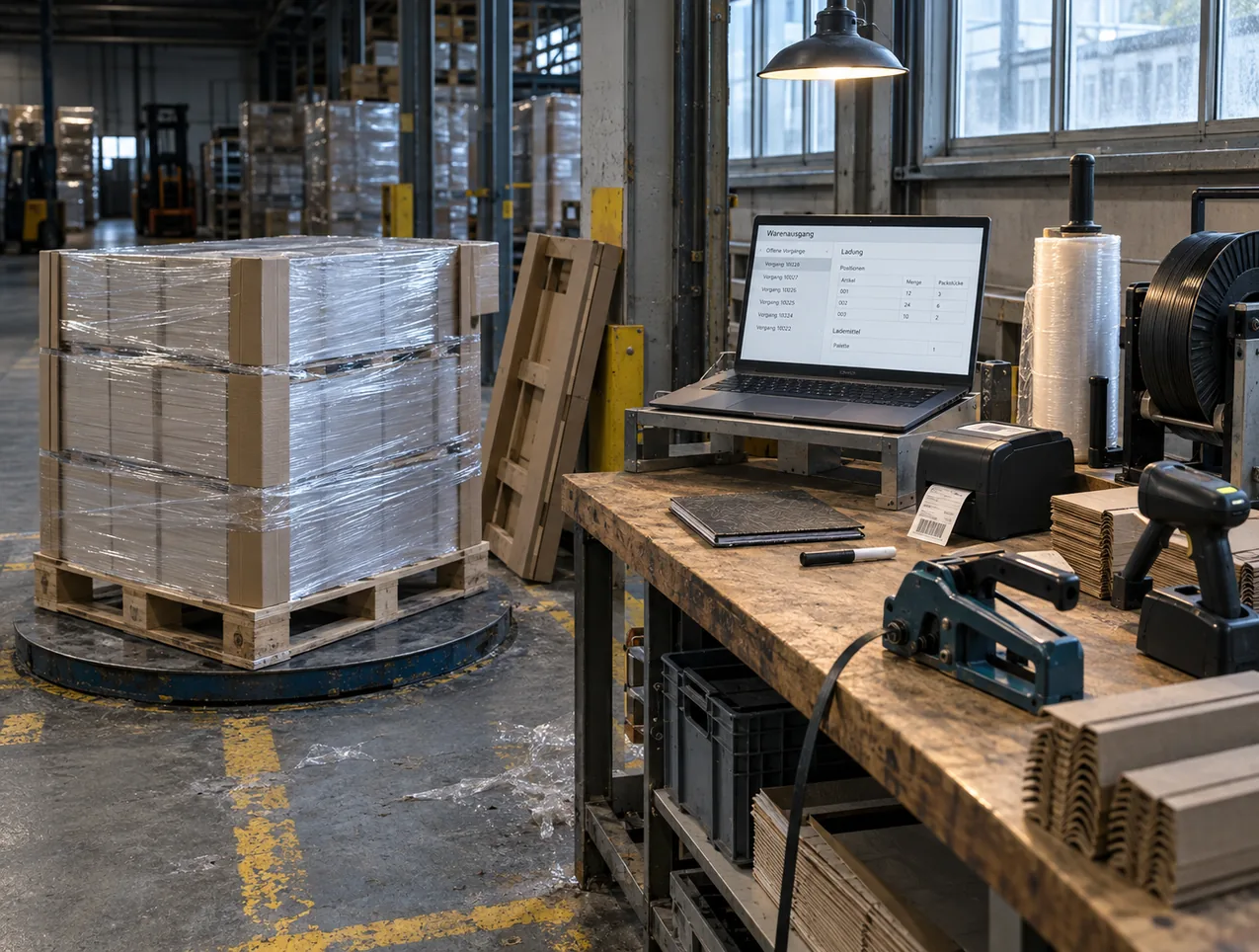 Konfektionierplatz am Warenausgang: Links eine foliierte Palette mit Kantenschutz auf dem Drehteller, rechts auf der Werkbank ein Notebook mit Vorgangsliste und offener Ladung, daneben Etikettendrucker, Handscanner und Umreifungsgerät