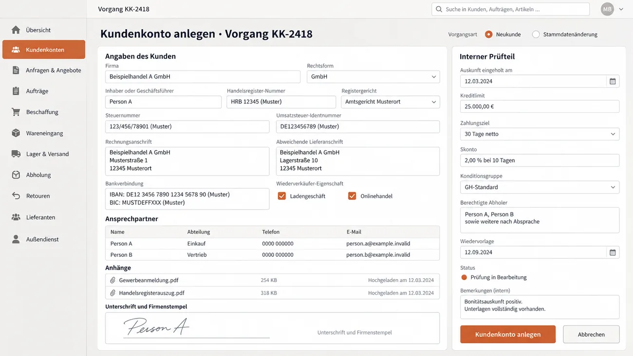 Maske: Anlage eines Gewerbekundenkontos mit Firma, Rechtsform, Register- und Steuerangaben, getrennten Anschriften, Bankverbindung, Ansprechpartnern, Anhängen und Unterschrift, daneben der interne Prüfteil mit Kreditlimit und Zahlungsziel
