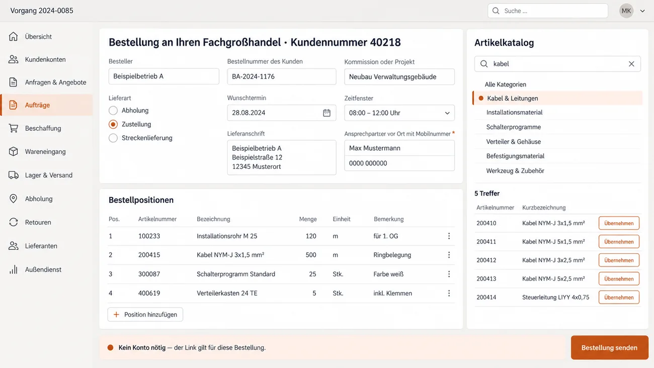 Maske: Bestellformular für den Gewerbekunden mit Kommission, Lieferart, Wunschtermin, Zeitfenster, Pflichtfeld Ansprechpartner vor Ort, Positionstabelle und Artikelkatalog mit Suchfeld — per Link, ohne Kundenkonto