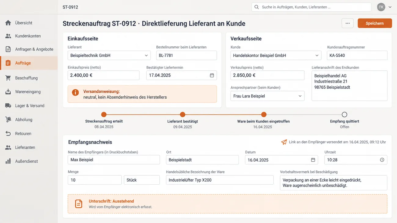 Maske: Streckenauftrag mit Einkaufs- und Verkaufsseite, neutraler Versandanweisung an den Lieferanten, Statusleiste bis zum quittierten Empfang und dem Empfangsnachweis per Link an den Empfänger