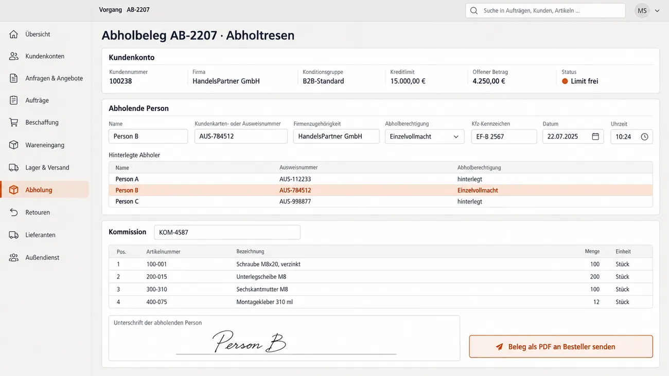 Maske: Abholbeleg am Tresen mit Kundenkonto und freiem Limit, abholender Person samt Ausweisnummer und Berechtigung, Kommission, übernommenen Positionen, Unterschrift und Versand als PDF an den Besteller