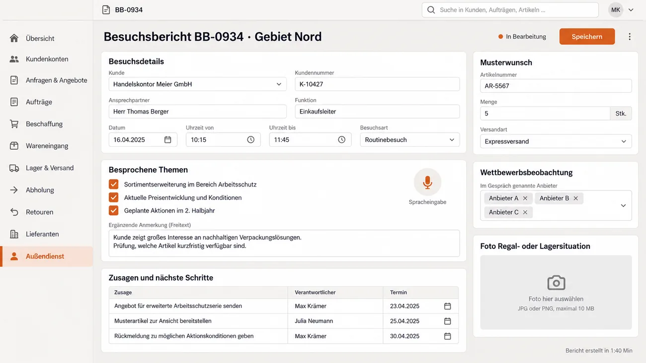 Maske: Besuchsbericht des Außendiensts mit Kunde, Ansprechpartner und Besuchsart, Themen aus Textbausteinen mit Spracheingabe, Zusagen mit Verantwortlichem und Termin, Musterwunsch und Wettbewerbsbeobachtung
