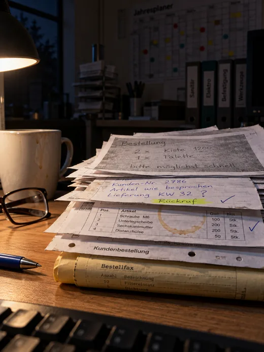 Abends im Innendienst: Auf dem Schreibtisch liegt ein Stapel Bestellungen in lauter verschiedenen Formen, vom vergilbten Bestellfax bis zum handschriftlichen Zettel, daneben Brille, Becher und Kugelschreiber im Licht der Schreibtischleuchte