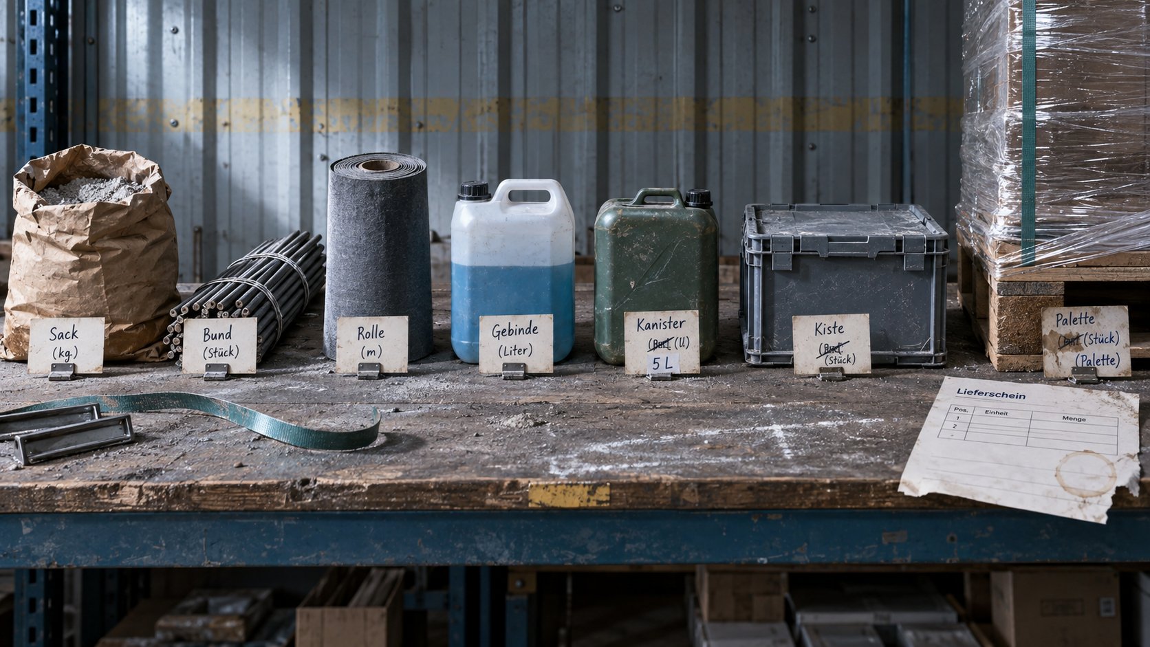 Musterbord in einer Lagerhalle mit Sack, Bund, Rolle, Gebinde, Kanister, Kiste und Palette, vor jedem ein handbeschriftetes Kärtchen mit seiner Einheit, rechts ein vorgedrucktes Formular mit nur zwei Positionszeilen