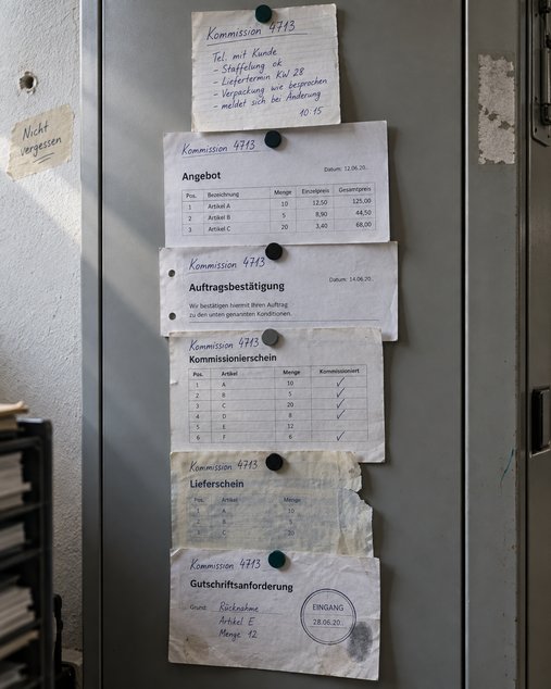 Sechs Belege eines Vorgangs untereinander mit Magneten an einem grauen Aktenschrank: Telefonnotiz, Angebot, Auftragsbestätigung, Kommissionierschein, Lieferschein und Gutschriftsanforderung mit derselben Kommission