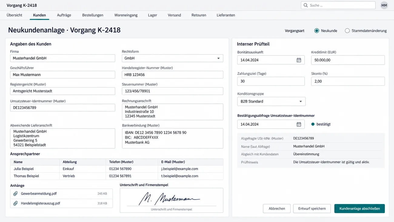 Maske: Neukundenanlage für Gewerbekunden mit den Angaben des Kunden, Anhängen und Unterschriftsfeld links und dem internen Prüfteil mit Bonität, Kreditlimit und Konditionsgruppe rechts