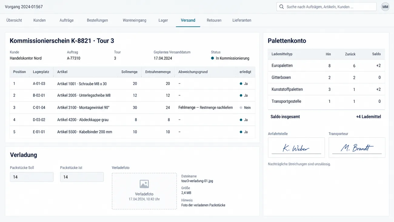 Maske: Kommissionierschein mit Entnahmeliste und Abweichungsgrund, dem Verladeabgleich von Soll und Ist mit Verladefoto und dem Palettenkonto mit zwei Unterschriften
