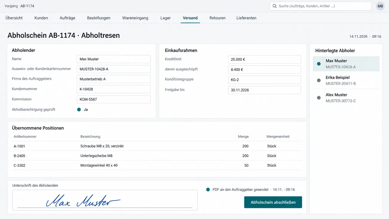 Maske: Abholschein am Tresen mit Legitimation des Abholers, Einkaufsrahmen, übernommenen Positionen, Unterschrift auf dem Gerät und PDF-Versand an den Auftraggeber