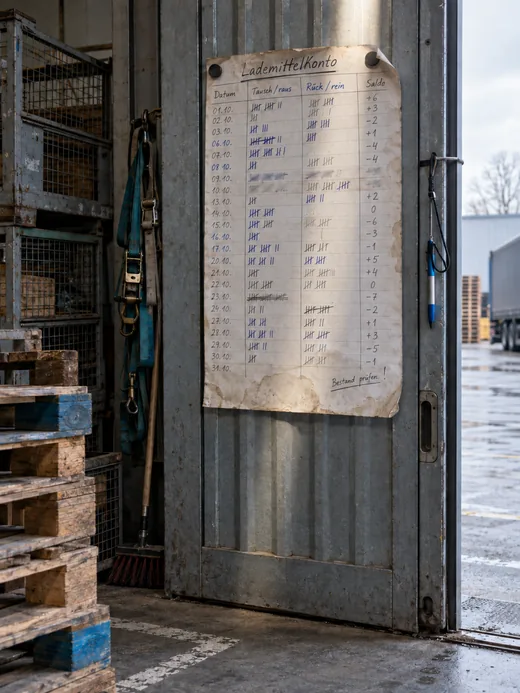 Handgeführtes Lademittelkonto an der Innenseite des Hoftors mit Strichlisten in mehreren Handschriften und verwischten Zeilen, daneben ein Kugelschreiber an einer Schnur, Gitterboxen und ein Stapel Europaletten